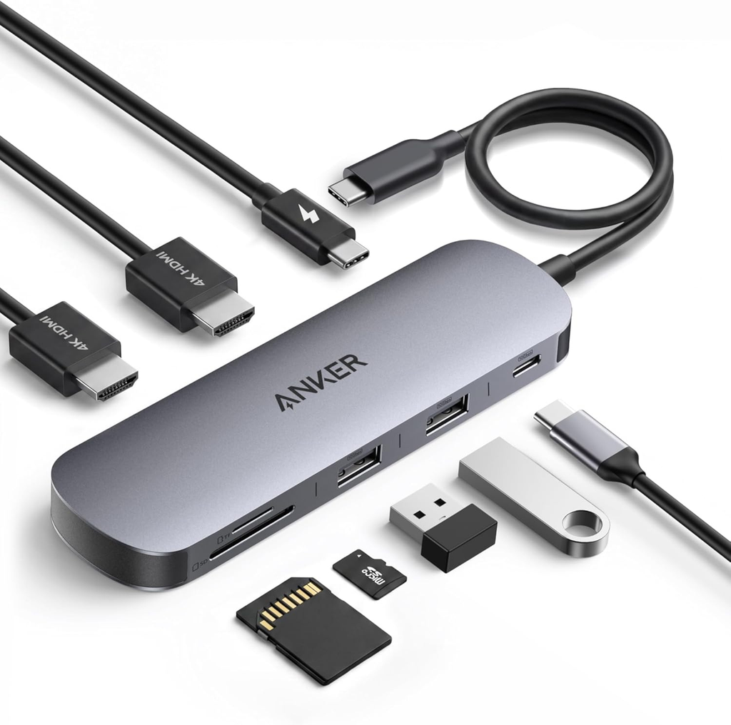 ANKERXI Nano USB-C Hub (8-i-1, dual displays), 10 Gbps hastighet, 85 W max fast Charging av laptop