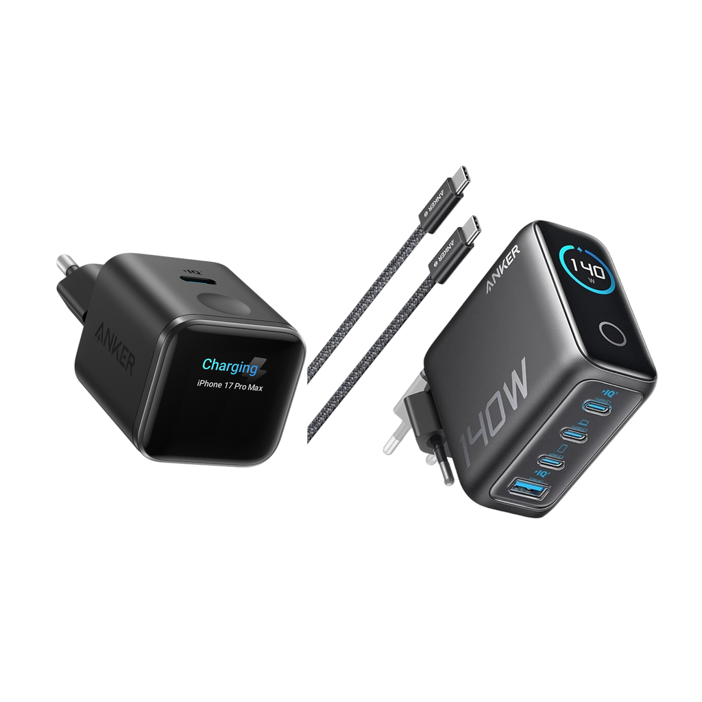 (black) ANKERXI Nano 45W Smart Display-Charger + (Dark Gray) ANKERXI LaptopCharger (140W, 4-portars, PD 3.1) with USB-C-cable - Default Title