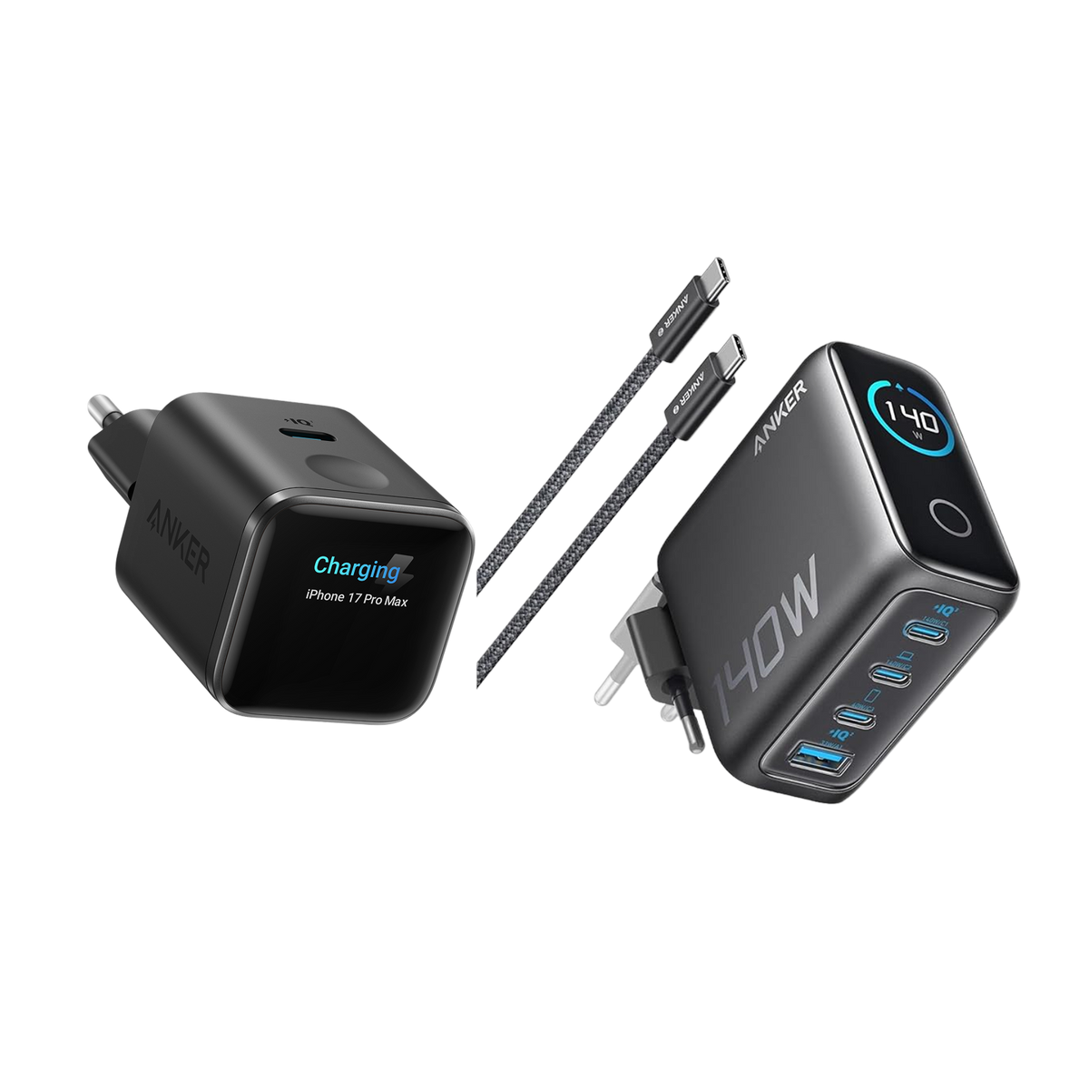 (black) ANKERXI Nano 45W Smart Display-Charger + (Dark Gray) ANKERXI LaptopCharger (140W, 4-portars, PD 3.1) with USB-C-cable - Default Title