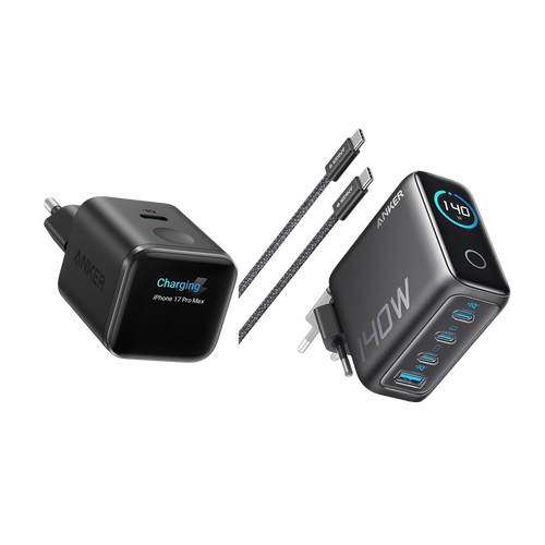 (black) ANKERXI Nano 45W Smart Display-Charger + (Dark Gray) ANKERXI LaptopCharger (140W, 4-portars, PD 3.1) with USB-C-cable - Default Title