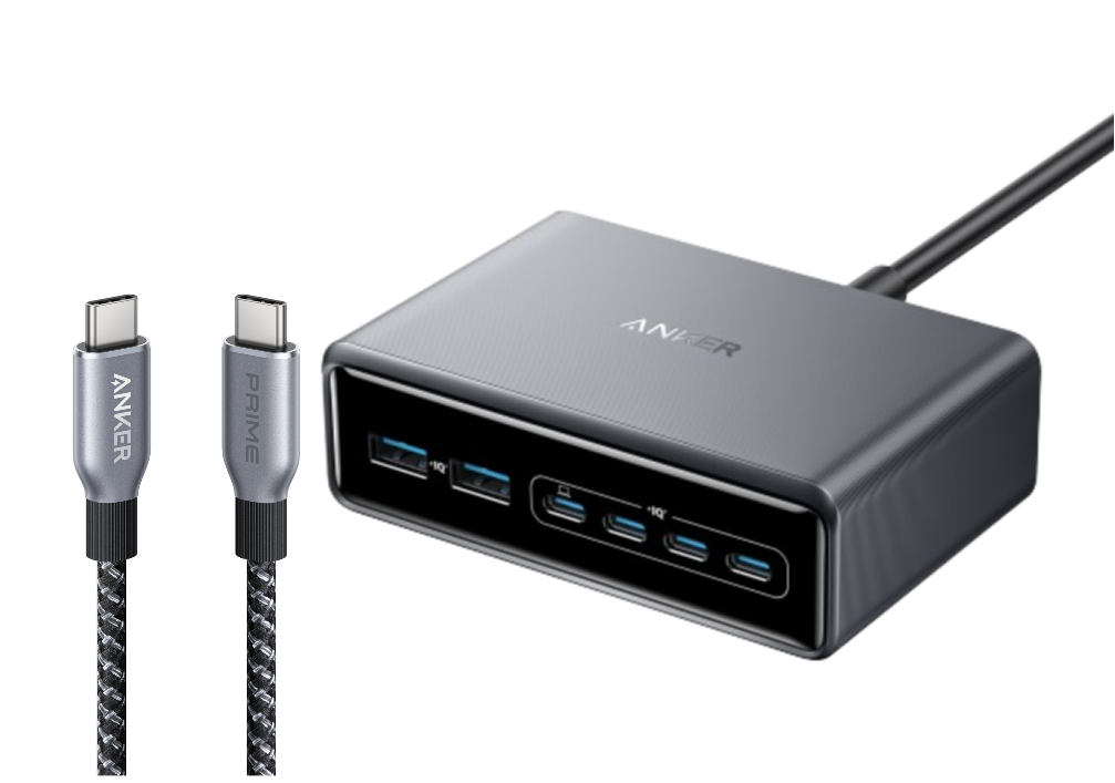 ANKERXI Prime Charger (200W, 6 Ports, GaN) + ANKERXI Prime USB-C on USB-C cable (240W, Upcycled-Braided Design) black - Default Title