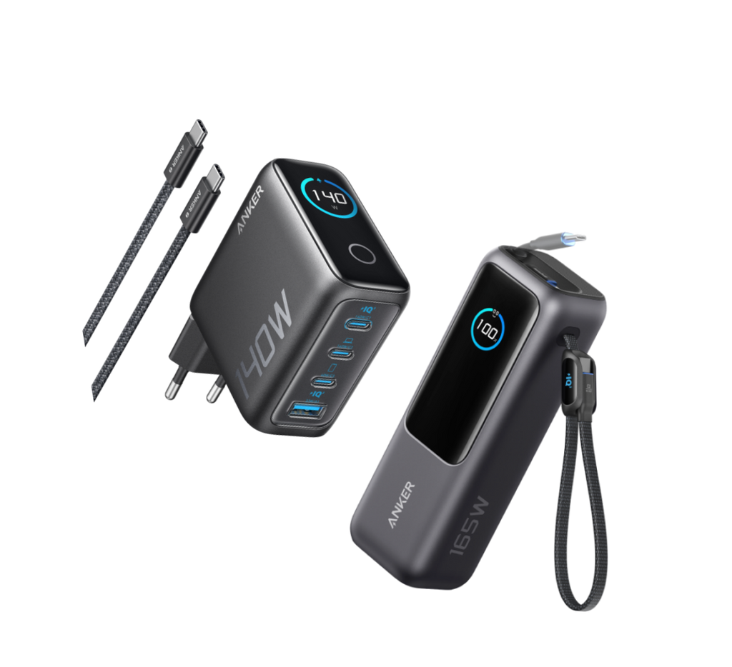 ANKERXI Power Bank (25K, 165W, Built-in + Retractable cable) + ANKERXI Charger (140W, 4-Port, PD 3.1) with USB-C cable black