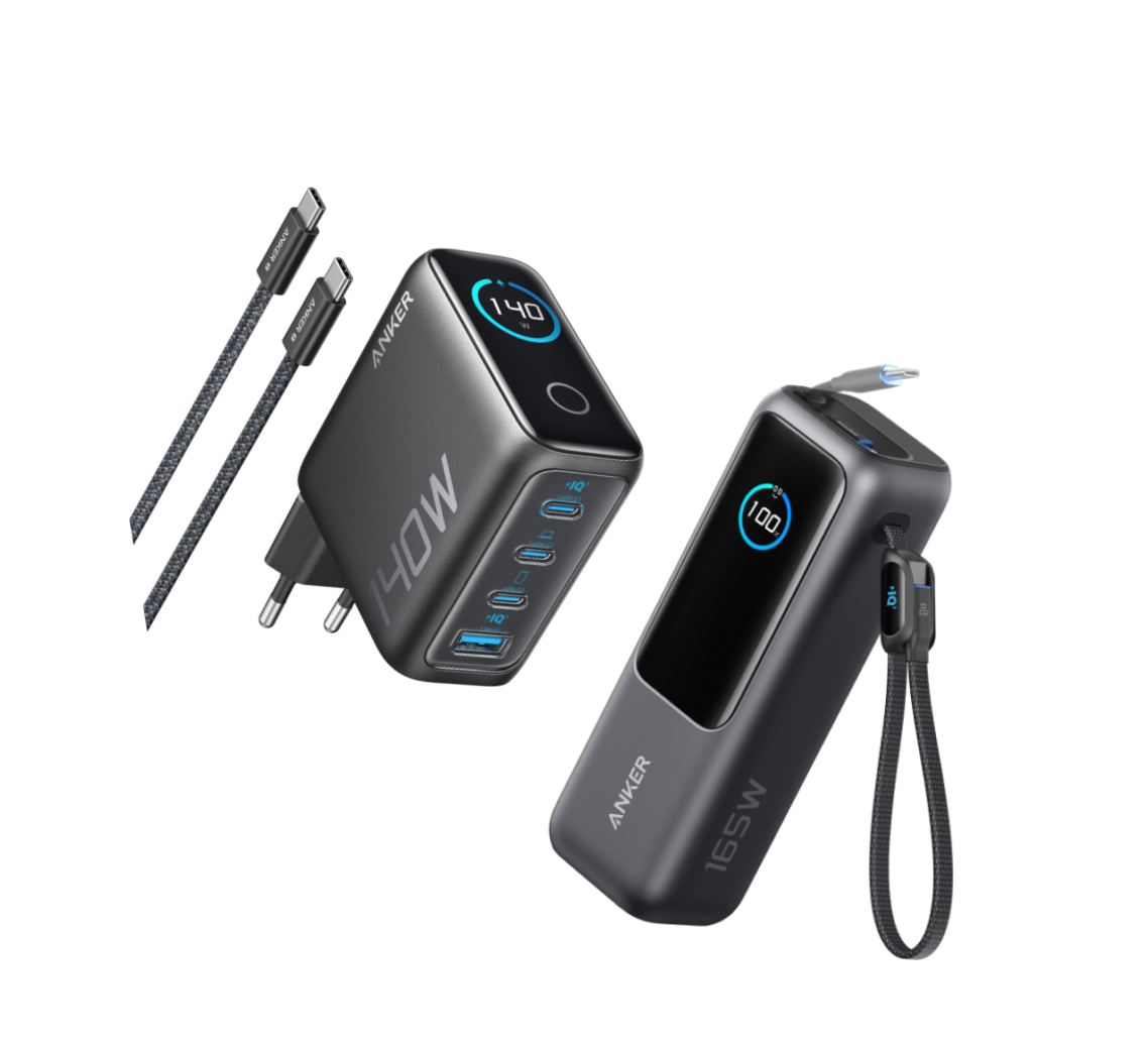 ANKERXI Power Bank (25K, 165W, Built-in + Retractable cable) + ANKERXI Charger (140W, 4-Port, PD 3.1) with USB-C cable black