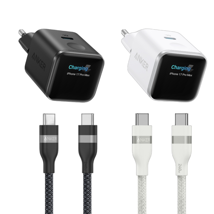 ANKERXI Nano Charger (45W, Smart Display)+ANKERXI USB-C on USB-C cable (90cm / 180cm, 240W, Upcycled-braided) Black Stone + Polar White - Default Title