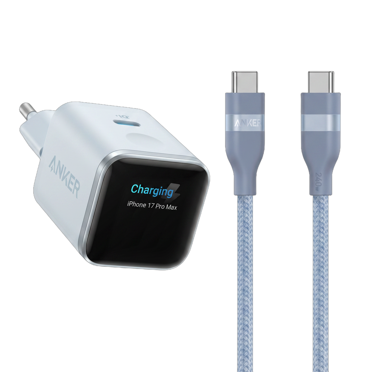 ANKERXI Nano Charger (45W, Smart Display) + ANKERXI USB-C on USB-C cable (90cm / 180cm, 240W, Upcycled-Braided Design) Pastel Blue / 90cm - Default Title