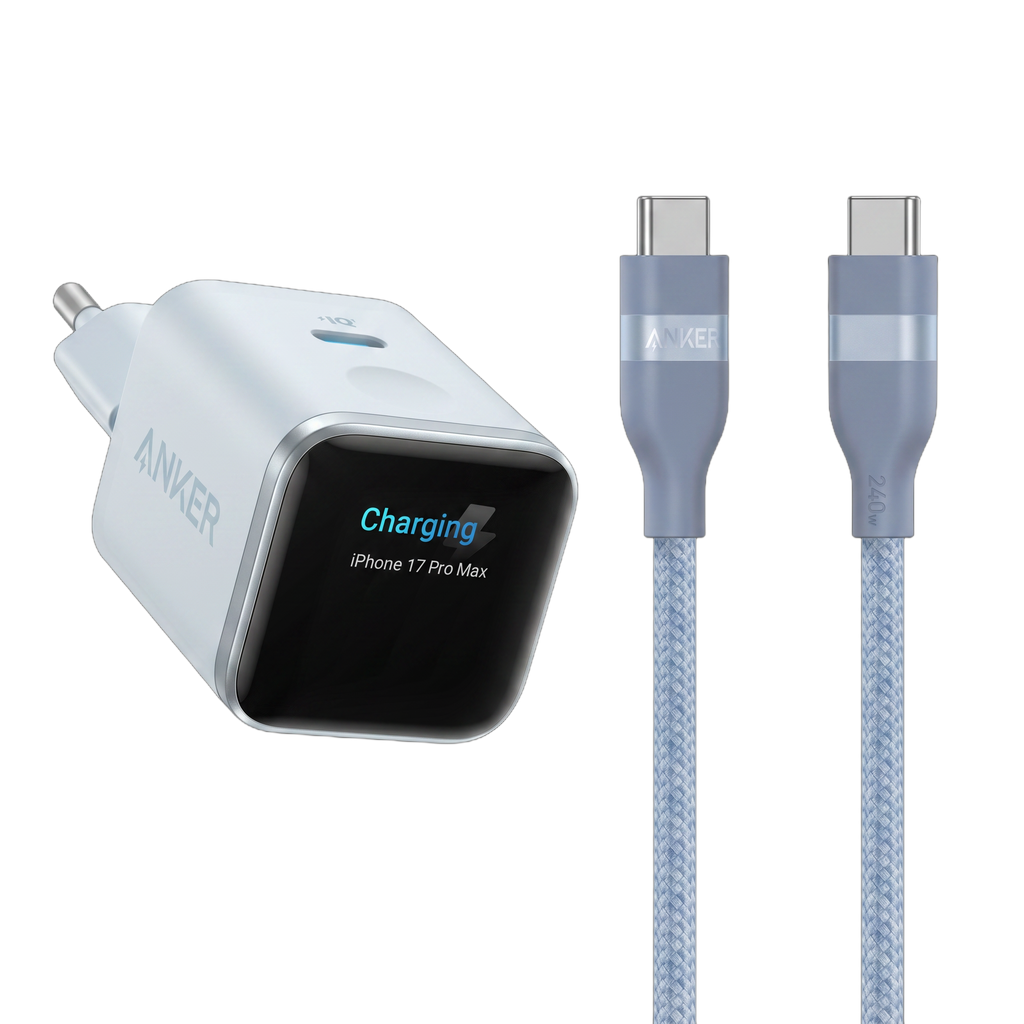 ANKERXI Nano Charger (45W, Smart Display) + ANKERXI USB-C on USB-C cable (90cm / 180cm, 240W, Upcycled-Braided Design) Pastel Blue / 90cm