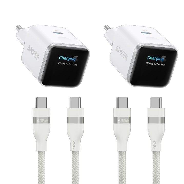 ANKERXI Nano Charger (45W, Smart Display)+ANKERXI USB-C on USB-C cable (90cm / 180cm, 240W, Upcycled-braided) Polar White - Default Title