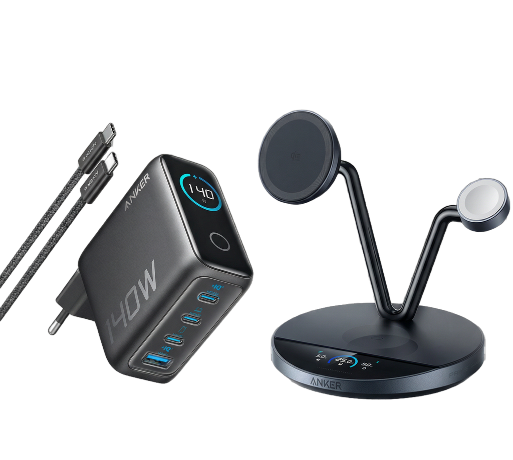 ANKERXI Prime wireless Charging Station (3-in-1 Stand)+ANKERXI Charger (140W, 4-Port, PD 3.1) with USB-C cable black