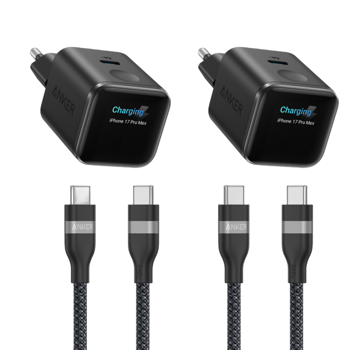 ANKERXI Nano Charger (45W, Smart Display)+ANKERXI USB-C on USB-C cable (90cm / 180cm, 240W, Upcycled-braided) Black Stone + Polar White