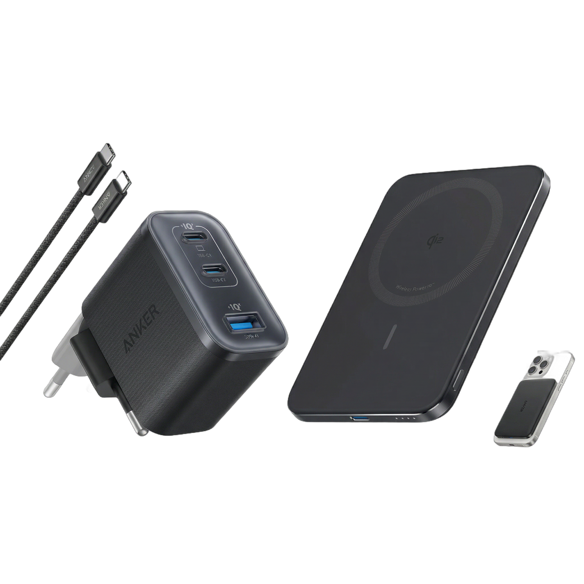 ANKERXI Nano Charger (70W, 3 Ports)+ANKERXI Nano Power Bank (5K, Magnetic, Slim) Black Stone